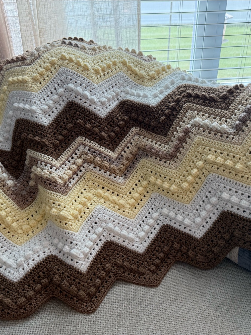 Handmade Chevron Crochet Baby Blanket - Cream, Brown, Pale Yellow, White